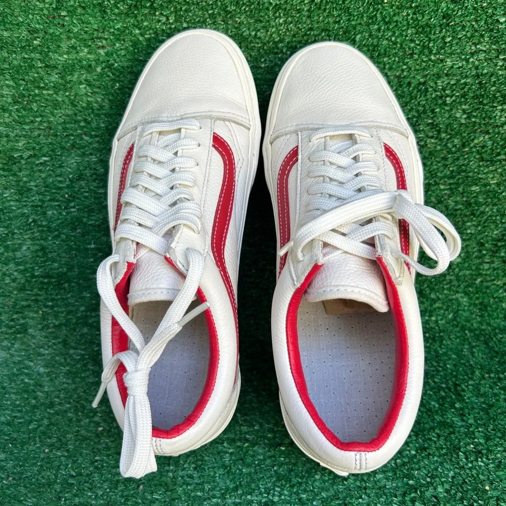 Vans Old Skool White Tumbled Leather Red Stripe Low Top Sneakers 507452 Mens 8